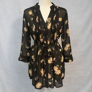 American Rag Tunic Top Small Black‎ Floral Sheer Belted Faux Button Roll Tab